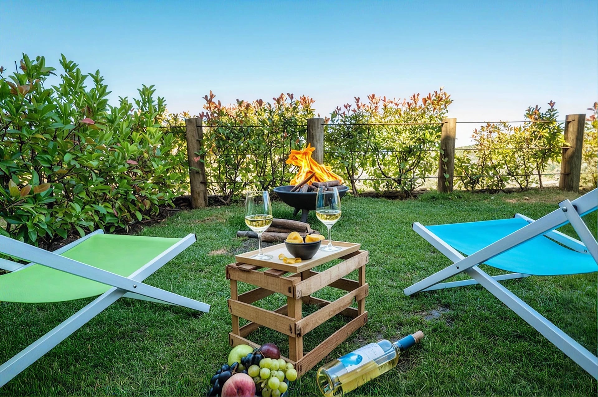 Lounge chairs and fire pit on the private lawn with mountain views