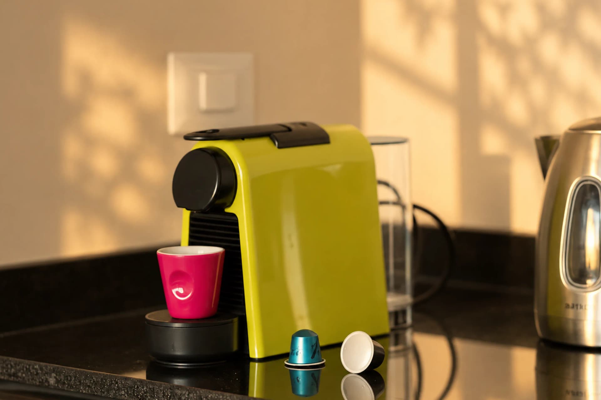 The Nespresso machine and kettle on the kitchenette counter at The Nest