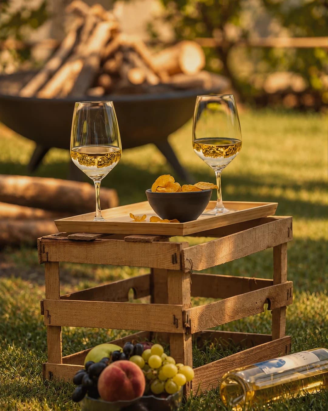 Wine and snacks on a crate beside the fire pit at The Nest