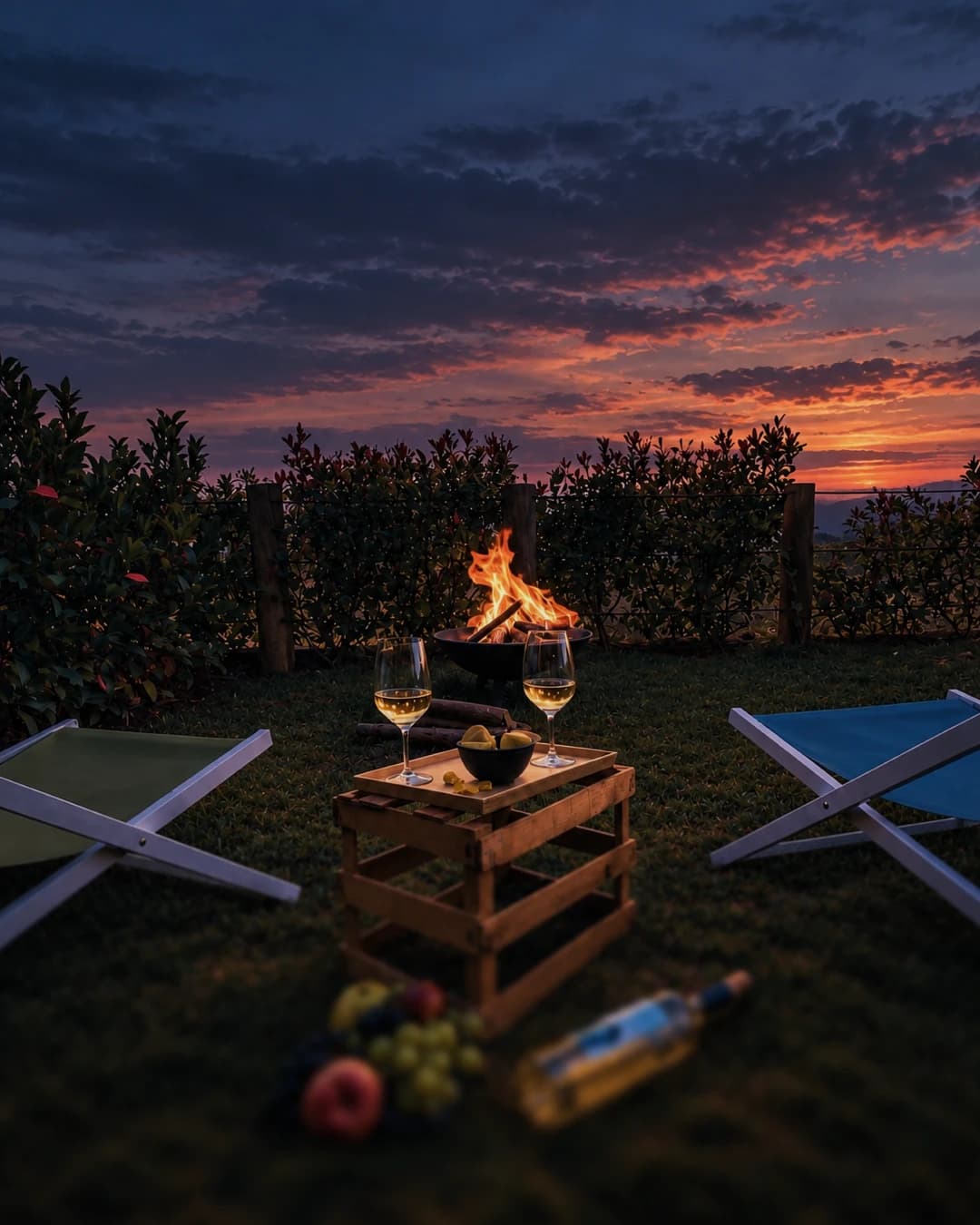 Fire pit lit at dusk with wine and fruit on the crate table, sunset over the valley