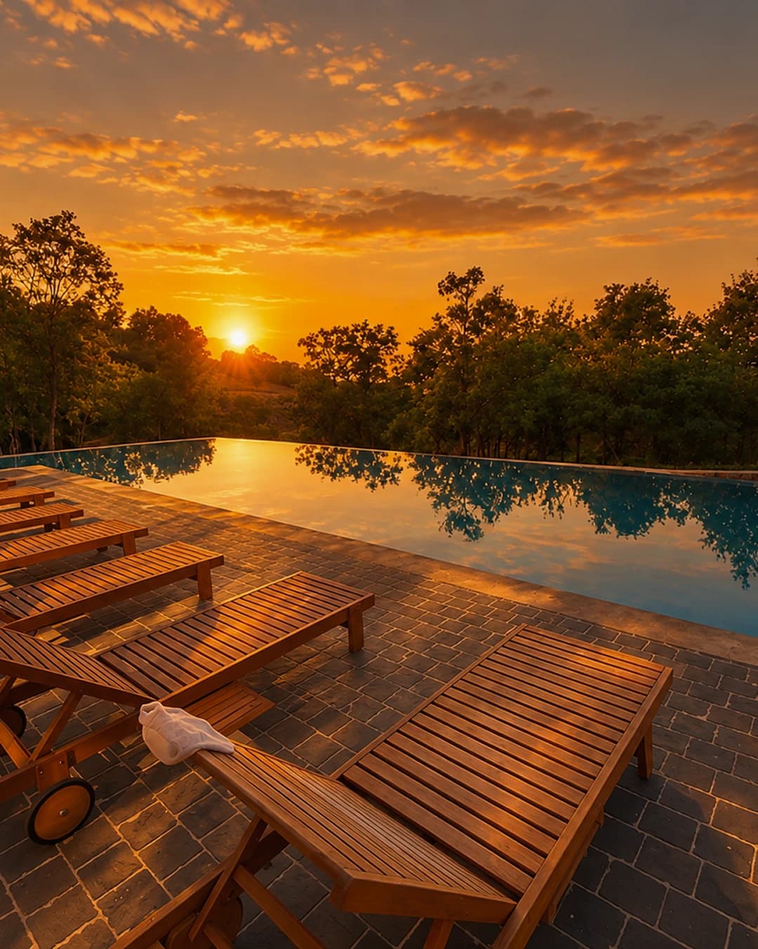 Sunset over the pool with wooden loungers lined up on the deck