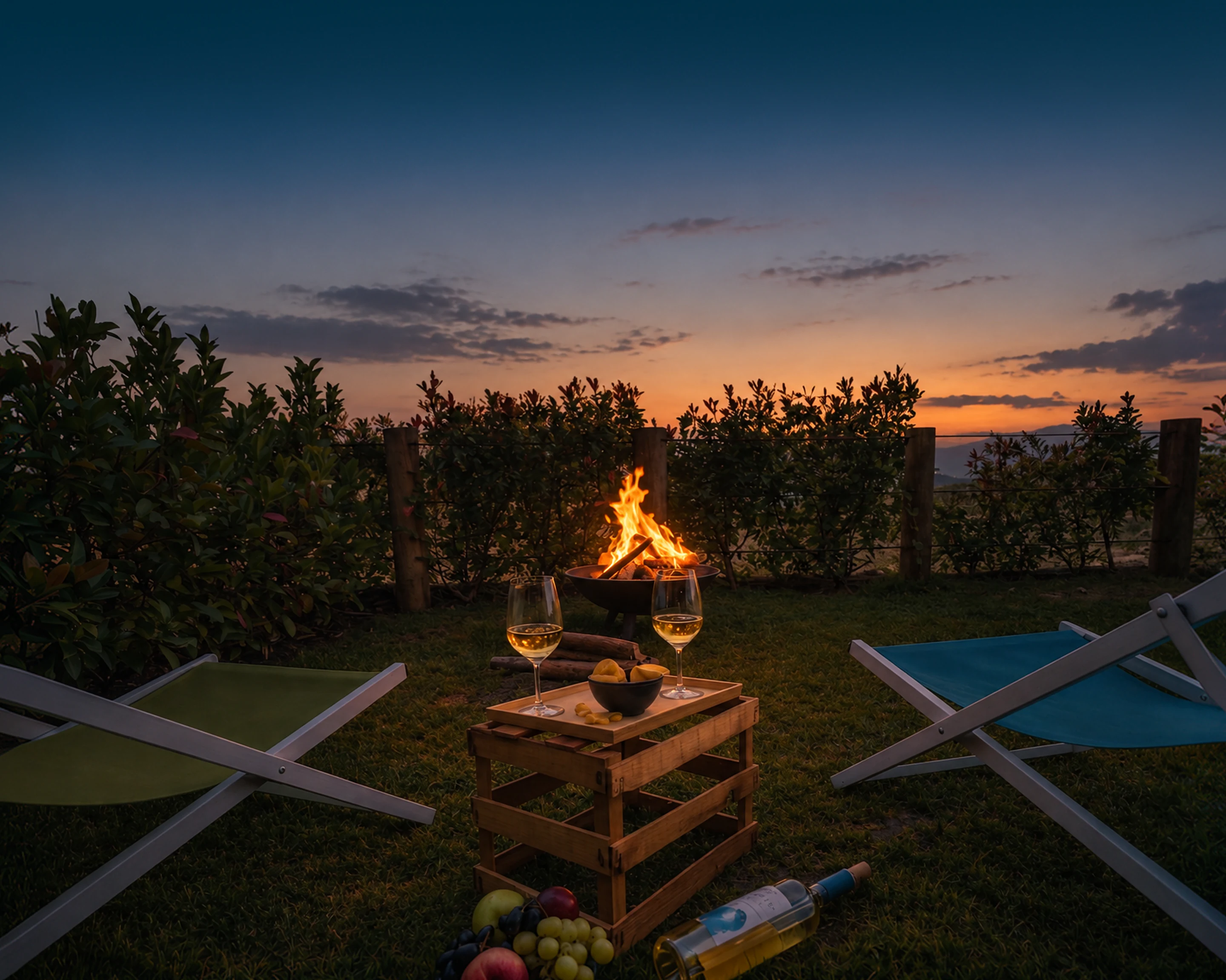 The fire pit lit at dusk on The Nest's private lawn, two deck chairs and two glasses of wine on the crate table